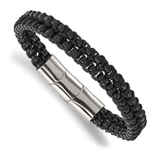 Black Cotton and Stainless Steel Polished Black IP-plated 8.5-inch with
0.5-inch Extension Bracelet