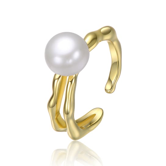 Pear Shape Pearl Simulant Curved Open-Style Ring In 14K Gold Over Brass
