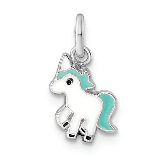 Rhodium Over Sterling Silver Blue/White/Black Enamel Unicorn Children's Pendant