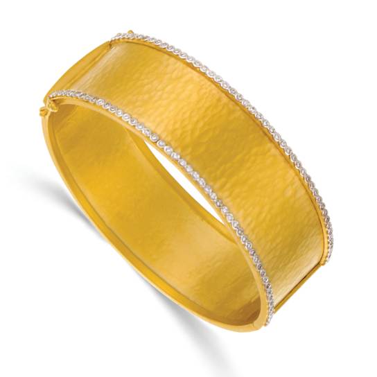 14K Yellow Gold Diamond Hammered Hinged Bangle 0.45ctw