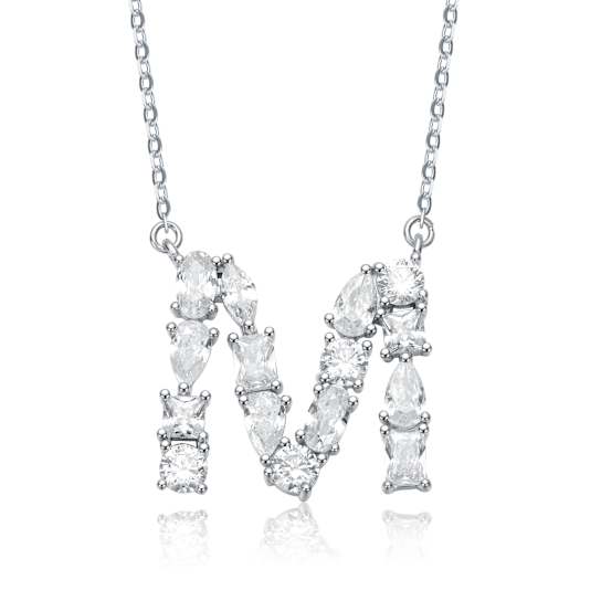 Initial M Mixed Cut CZ Pendant Necklace In Sterling Silver 18 Inch