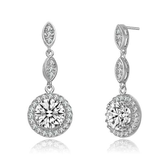 CZ Halo Drop Earrings In Sterling Silver