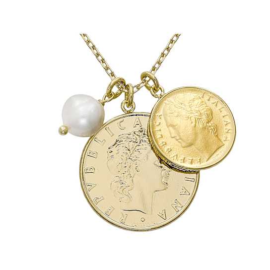 Cultured Freshwater Pearl Coin Charm Necklace In 18K Gold Over Bronze