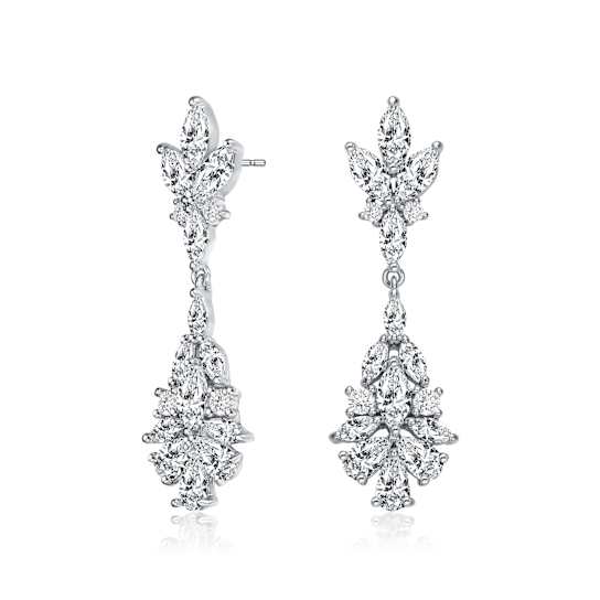 CZ Cluster Drop Earrings In Sterling Silver