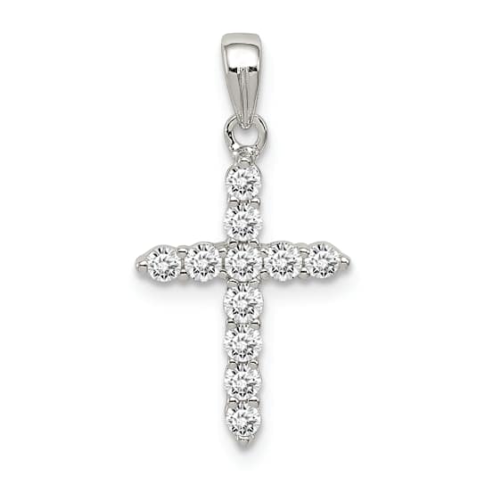 Rhodium Over Sterling Silver Cubic Zirconia Cross Pendant