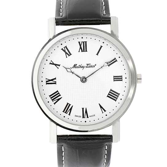 Mathey-Tissot Men's 42mm City White Dial And Bezel, Black Leather Strap Watch