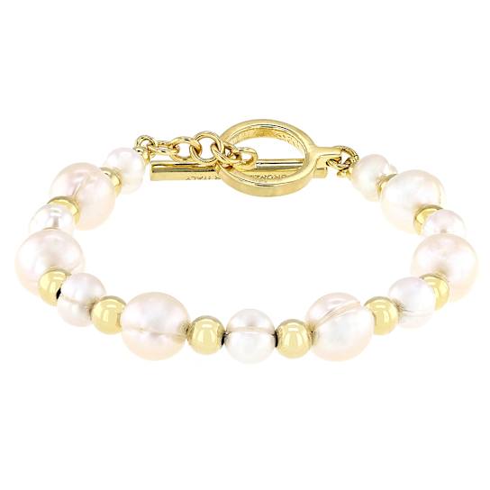 Freshwater Pearl And Bead Bracelet In Gold Over Bronze