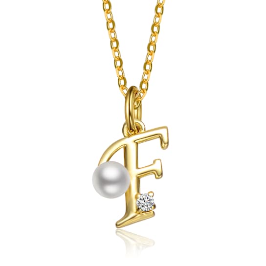 Initial F Pear Shape CZ And Pearl Pendant Necklace In 14K Gold Over Brass