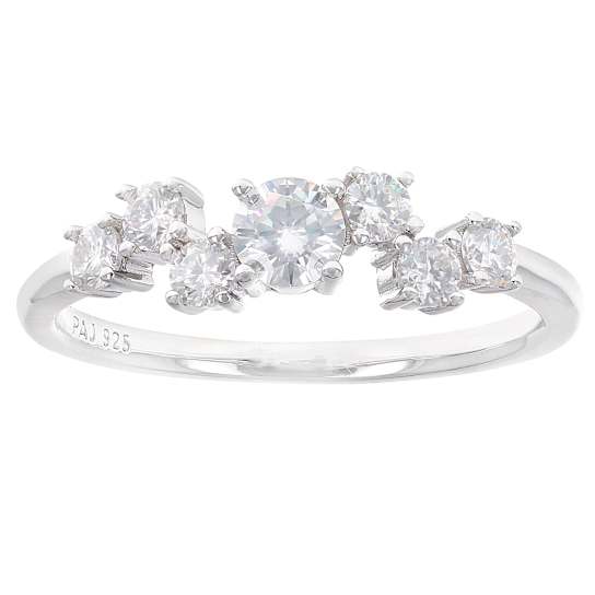 Round Moissanite Band Ring In Platinum-Enhanced Sterling Silver