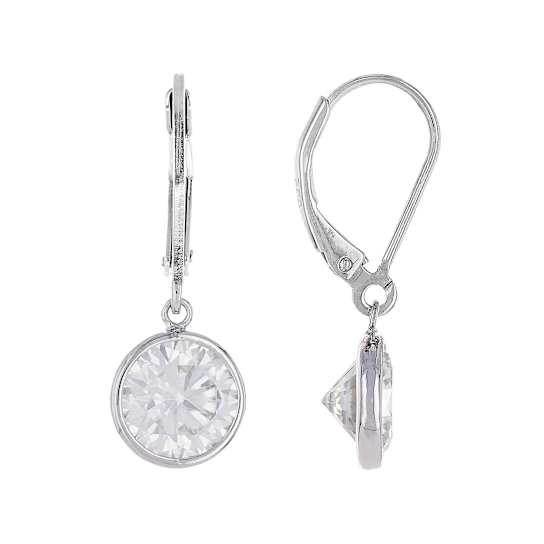Moissanite Round Solitaire Drop Earrings In Platinum Enhanced Sterling Silver