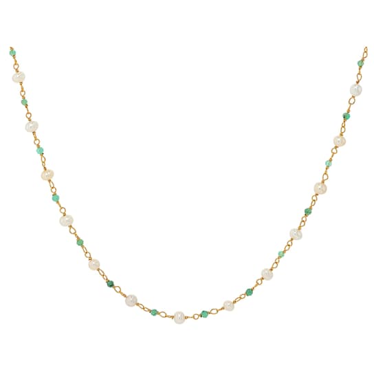 Dainty Pearl And Emerald Station Necklace In 18K Gold Over Sterling Silver