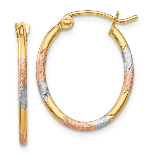 14k Yellow Gold and Rhodium Over 14k Yellow Gold 13/16" Satin
Diamond-Cut Oval Hoop Earrings