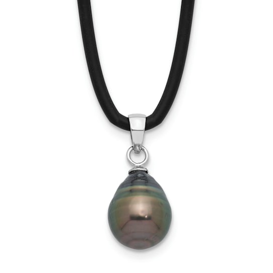 Tahitian Pearl Pendant Necklace on Black Silicone Chain in Silver