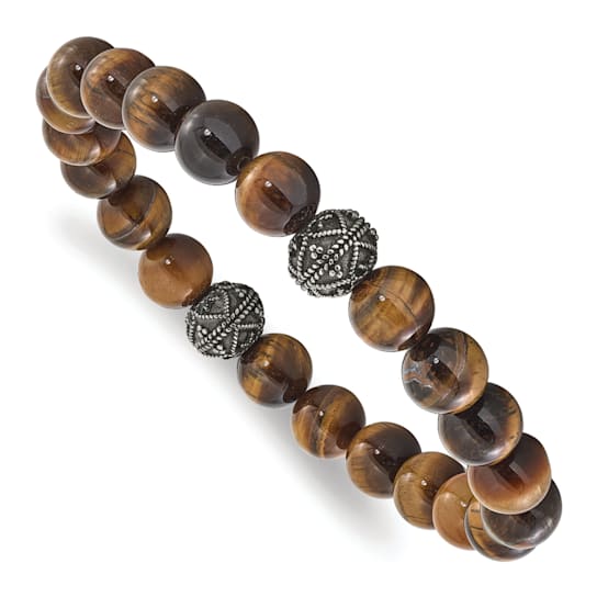 Brown Tiger's Eye Beaded Stretch Bracelet With Stainless Steel Beads