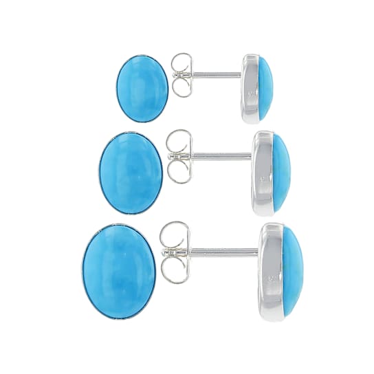 Turquoise Set Of 3 Oval Stud Earrings In Sterling Silver