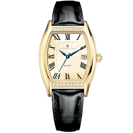 Christian Van Sant Women's Gemma Yellow Dial, Black Leather Strap Watch