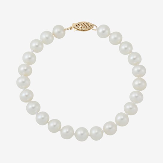 7-8mm Round White Freshwater Pearl 14K Yellow Gold Tennis Bracelet