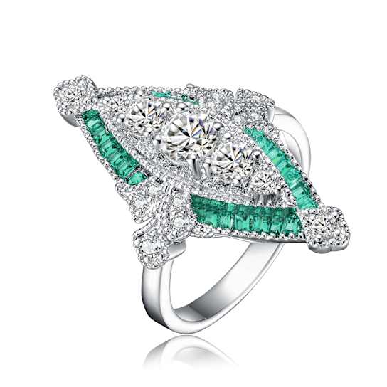 Emerald Color CZ Vintage-Inspired Cocktail Ring In Sterling Silver