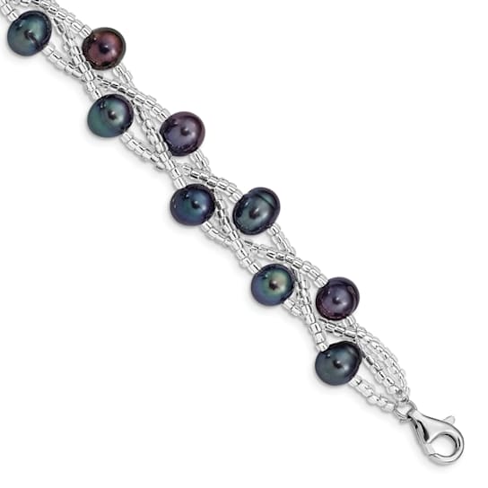 Rhodium Over Sterling Silver 7-9mm Black Freshwater Cultured Pearl And
Glass Beaded Bracelet