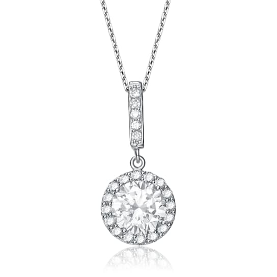 CZ Halo Drop Pendant In Sterling Silver 16 Inch