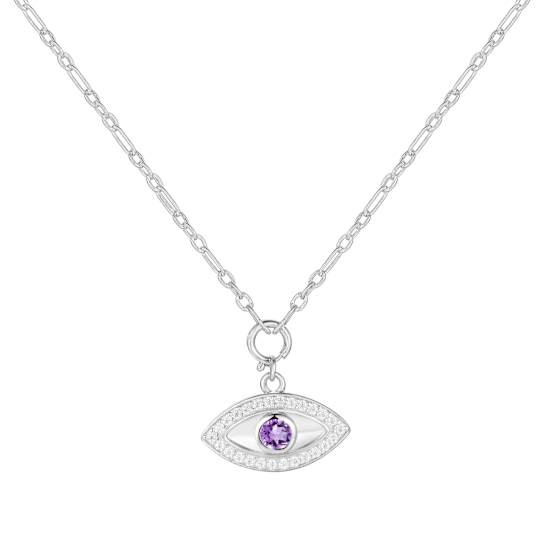 Amethyst And Moissanite Evil Eye Pendant Necklace In Sterling Silver 14 Inch