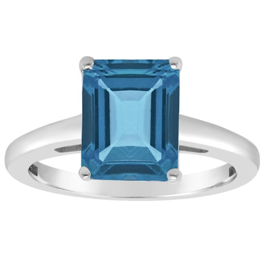 10x8mm Emerald Cut London Blue Topaz Rhodium Over Sterling Silver Ring