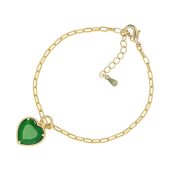 Green Onyx Heart Charm Paperclip Bracelet In 18K Gold Over Brass 5.10ctw