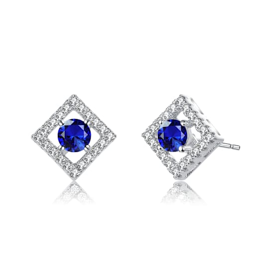 Sapphire Color CZ Halo Stud Earrings In Rhodium Over Brass