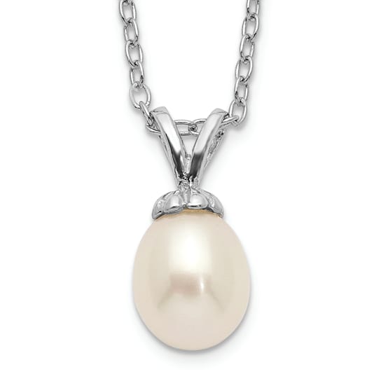 Rhodium Over Sterling Silver White Rice 6-7mm FWC Pearl Necklace
