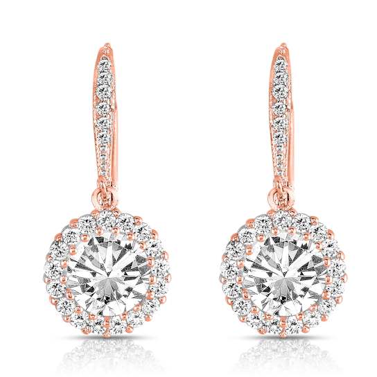 CZ Halo Drop Earrings In 18K Rose Gold Over Sterling Silver