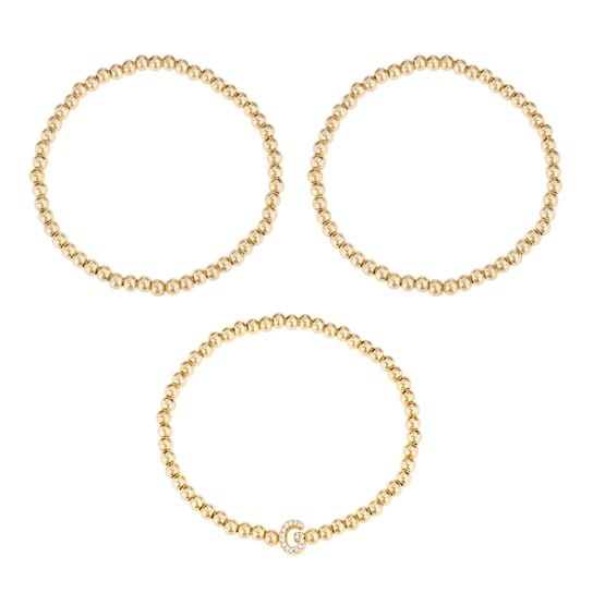 Initial G CZ Beaded Bracelet Set In 14K Gold Over Brass 0.15ctw