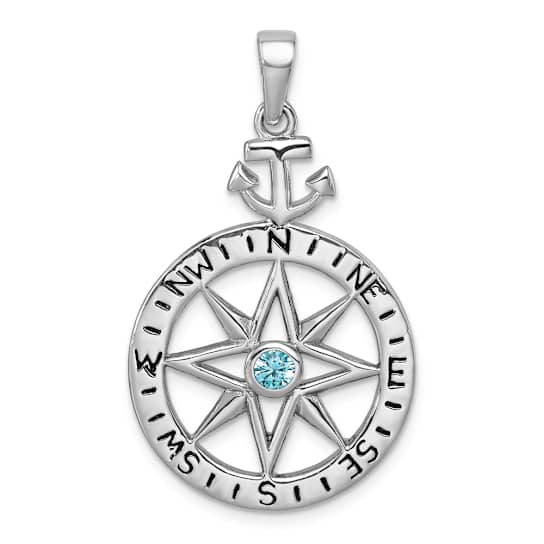Rhodium Over Sterling Silver Blue Cubic Zirconia Compass Rose with Small
Anchor Pendant
