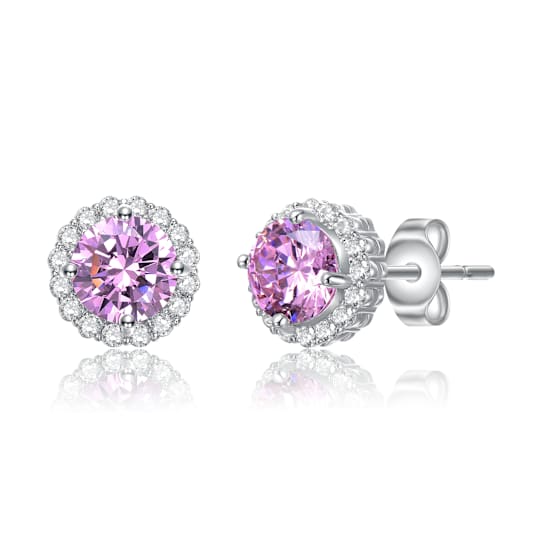Pink CZ Halo Stud Earrings In White Rhodium Over Brass