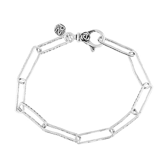 Textured Paperclip Bracelet With Rose Detail In Sterling Silver