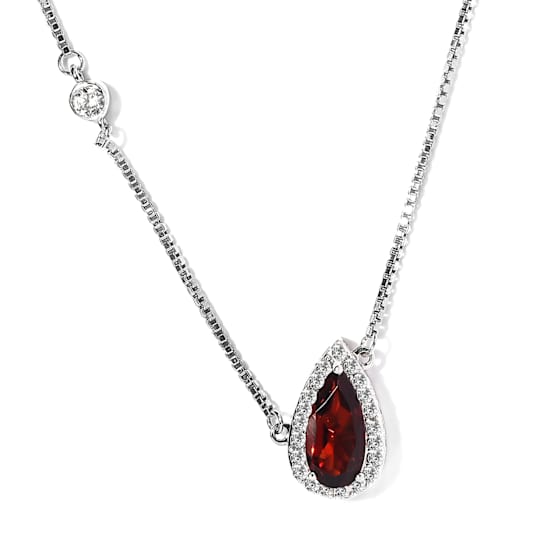 Sterling Silver Pear Shape Garnet and White Zircon Necklace 1.73ctw
