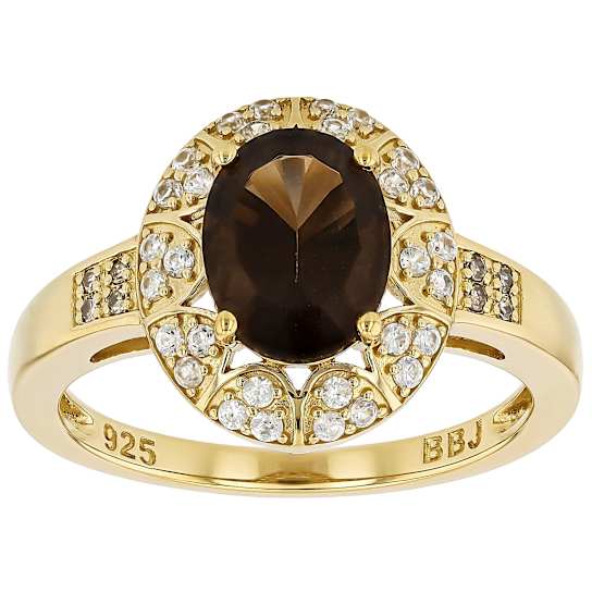 Smoky Quartz, Champagne Diamond And White Zircon Ring In 18K Gold Over
Sterling Silver 1.80ctw