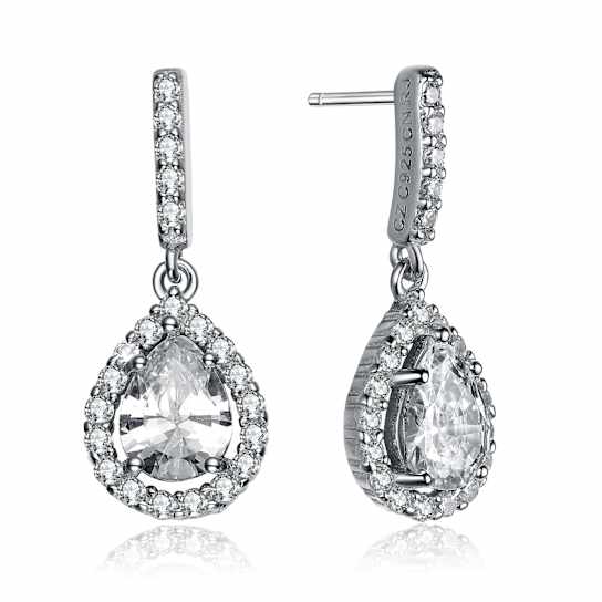 CZ Teardrop Halo Drop Earrings In Sterling Silver