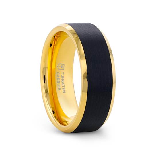 GASTON Gold Plated Tungsten Polished Beveled Ring with Brushed Black
Center 8mm