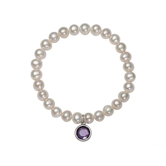 Freshwater Pearl And Purple CZ Charm Stretch Bracelet In Sterling Silver