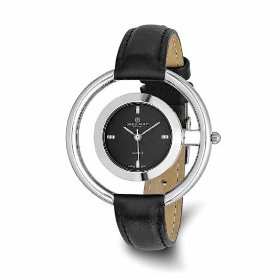 Ladies Charles Hubert Chrome-finish Black Dial Modern Circle Watch