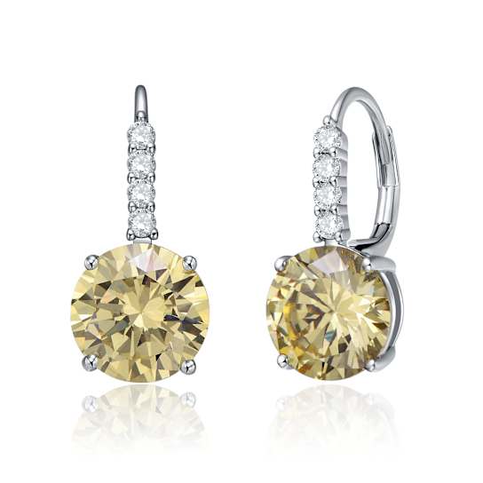 Citrine Color CZ Basket-Set Drop Earrings In Rhodium Over Brass