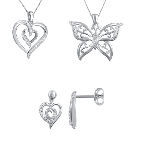 White Diamond Accent Rhodium Over Brass 3 Piece Heart And Butterfly
Pendant And Earring Set