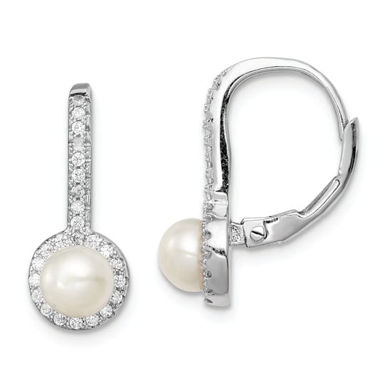 Rhodium Over Sterling Silver Freshwater Cultured Pearl and CZ Halo
Leverback Dangle Earrings
