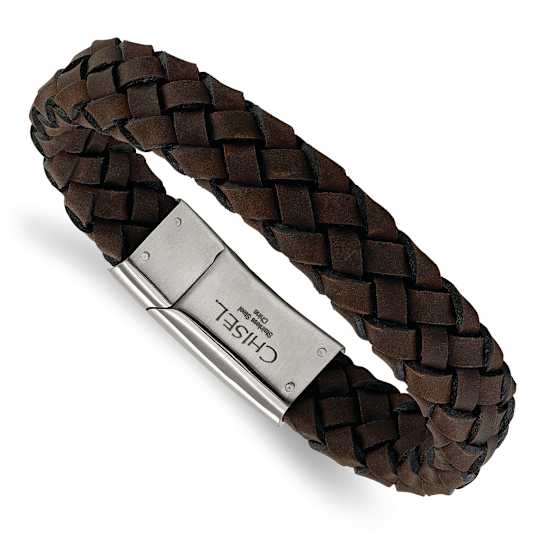 Brown Leather and Stainless Steel Brushed 8.25-inch Bracelet