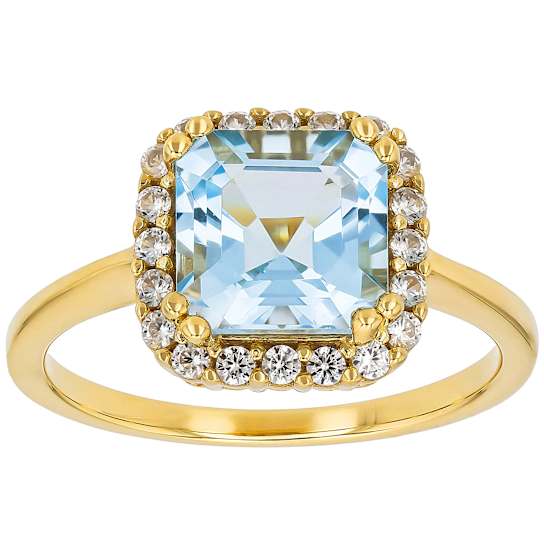 Blue Topaz And White Zircon Halo Ring In 18K Gold Over Sterling Silver 3.04ctw