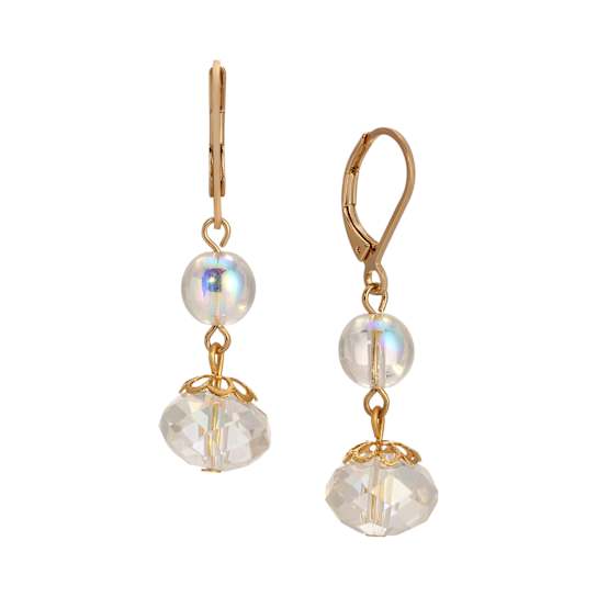 Gold Tone Round & Rondell Clear Crystals AB Drop Leverback Earrings