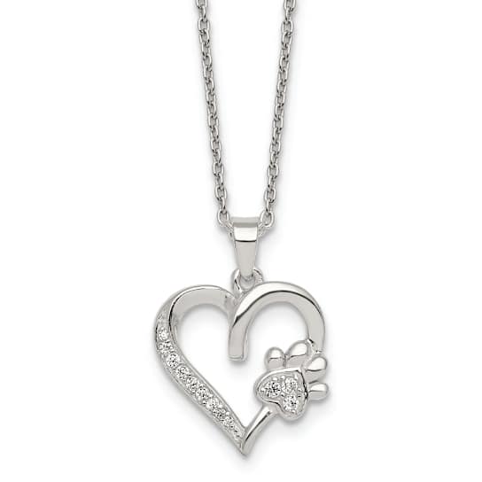 Sterling Silver Polished Cubic Zirconia Heart and Paw Necklace