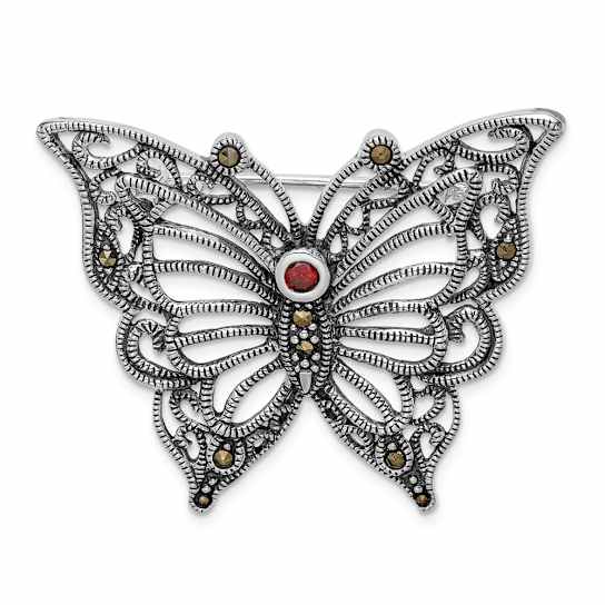 Rhodium Over Sterling Silver Marcasite Red Cubic Zirconia Butterfly Pin Brooch