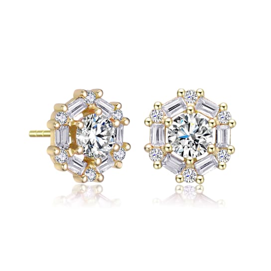 CZ Halo Stud Earrings In 14K Gold Over Brass
