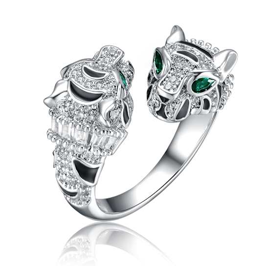 Emerald Color CZ Panther Bypass Ring In White Rhodium Over Brass